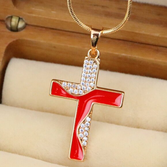 "Rose Gold Cross Pendant with Red Enamel and CZ Stone Detailing, XPPT1399 - Picture 1 of 13
